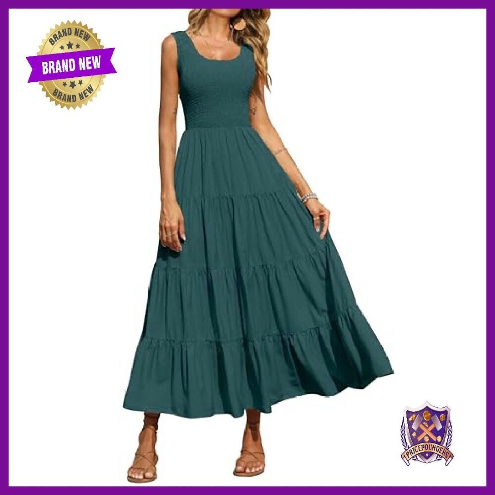 Smocked Tank Maxi Dress Tiered Long Sleeveless Spring Beach Casual - Picture 2 of 8